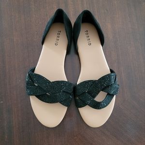 Torrid Black Faux Suede Rhinestone Twist Slide Sandals size 10 extra wide width